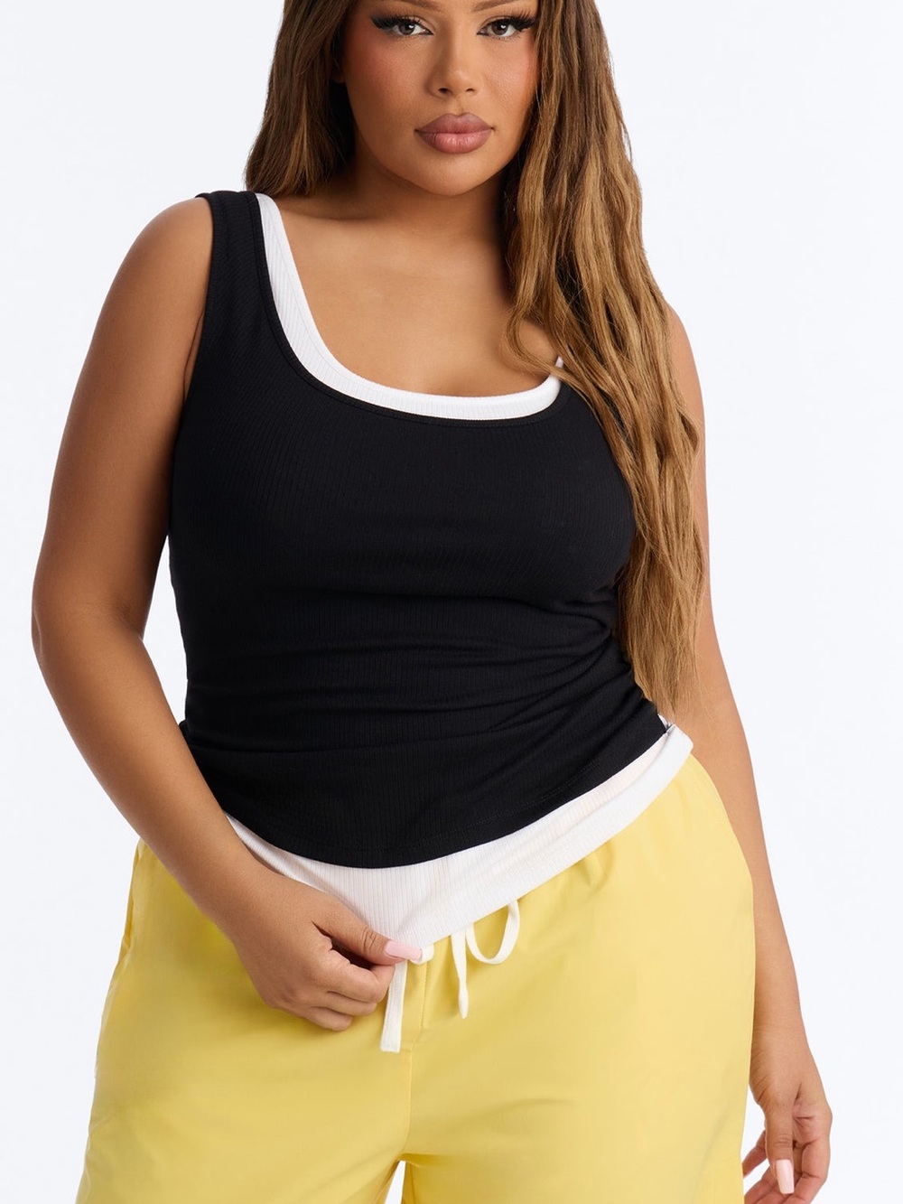 Fashion Nova Black Ribbed Tank with White Contrast Trim